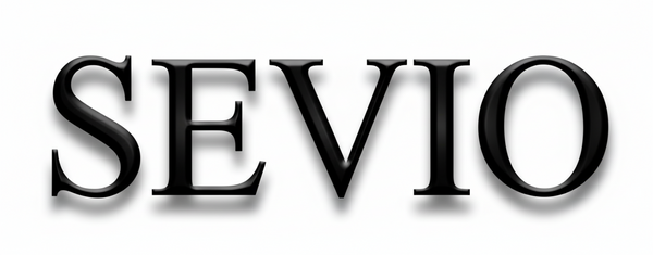 Black 'SEVIO' text on a blue background